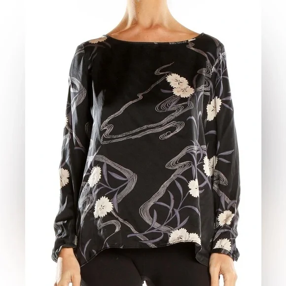 Club Monaco Briley Open-Back Black 100% Silk Floral Print Long Sleeve Blouse #44 - Picture 1 of 16